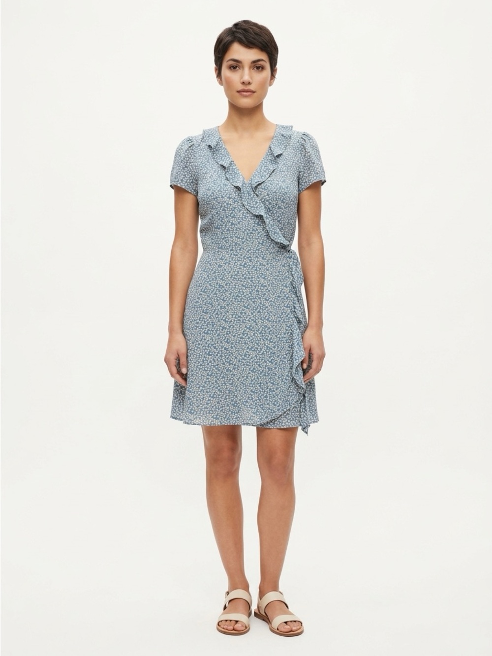 Madewell Wrap Dress Ruffle Edge Short Sleeve Silk Blue Floral XXS
